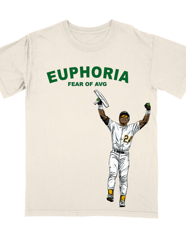 Ricky Henderson 'Fear of Average' youth sized stolen base record pose graphic T-shirt by Planet Euphoria in off-white, front view.