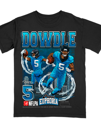 Rico Dowdle Carolina NFL Player graphic tee by Planet Euphoria inblack, front view.