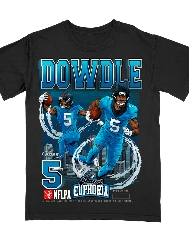 Rico Dowdle Carolina NFL Player graphic tee by Planet Euphoria inblack, front view.