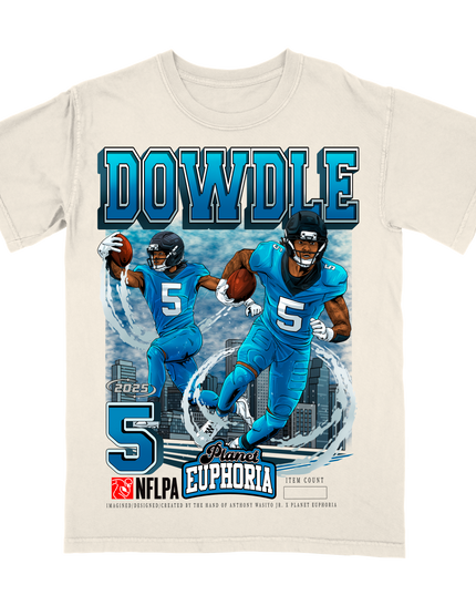 Rico Dowdle Carolina NFL Player graphic tee by Planet Euphoria in off-white, front view.