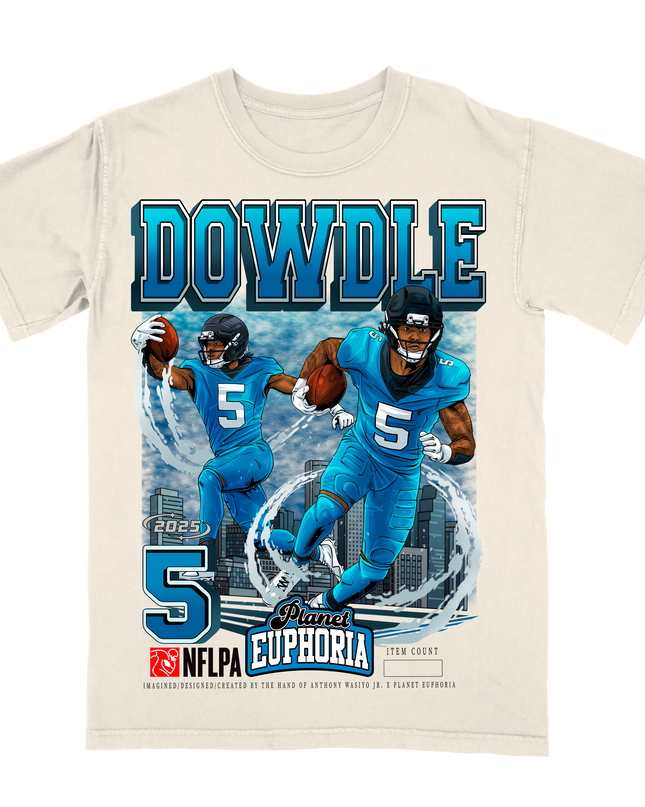 Rico Dowdle Carolina NFL Player graphic tee by Planet Euphoria in off-white, front view.