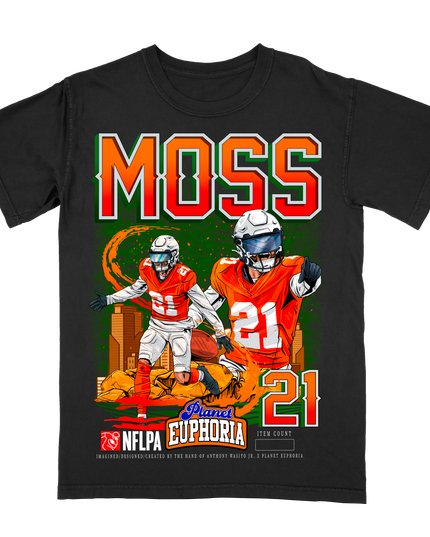 Riley Moss Denver NFL Player graphic tee by Planet Euphoria in black, front view.
