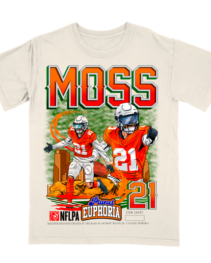 Riley Moss Denver NFL Player graphic tee by Planet Euphoria in off-white, front view.