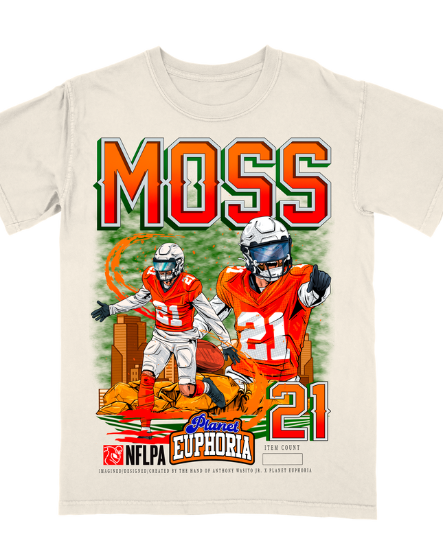 Riley Moss Denver NFL Player graphic tee by Planet Euphoria in off-white, front view.