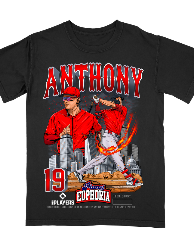 Roman Anthony Boston Skyline MLB graphic tee by Planet Euphoria in black, front view.