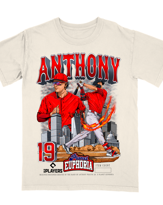 Roman Anthony Boston Skyline MLB graphic tee by Planet Euphoria in off-white, front view.
