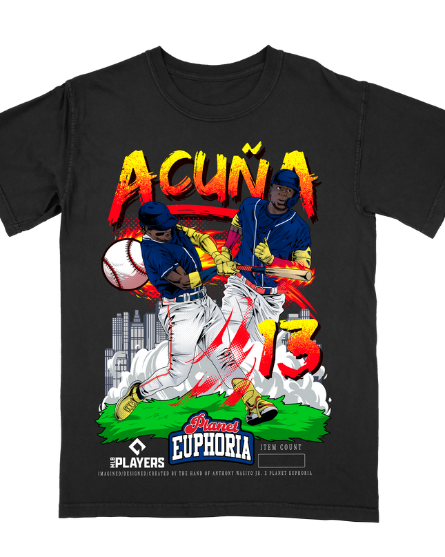 Ronald Acuña Jr MLB Player graphic tee V3 by Planet Euphoria in black, front view.