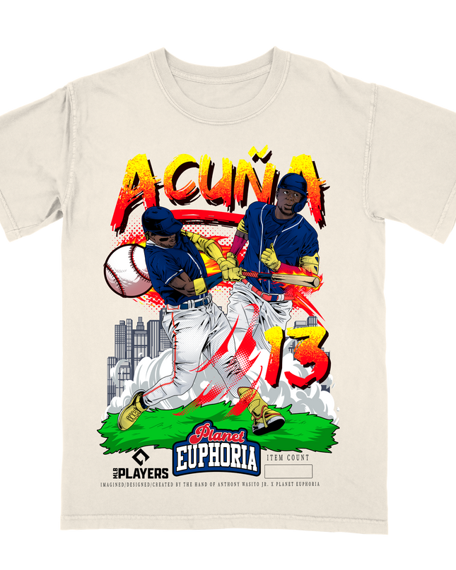Ronald Acuña Jr MLB Player graphic tee V3 by Planet Euphoria in off-white, front view.