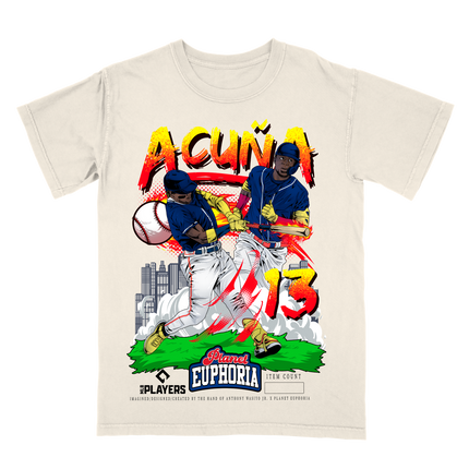 Ronald Acuña Jr MLB Player colorful graphic tee by Planet Euphoria in off-white, front view.