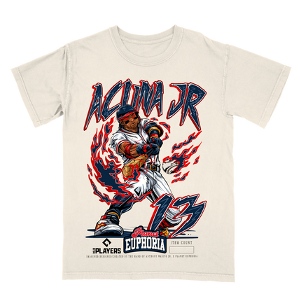 Ronald Acuna Jr 13 ATL limited action graphic tee by Planet Euphoria in off-white, front view.
