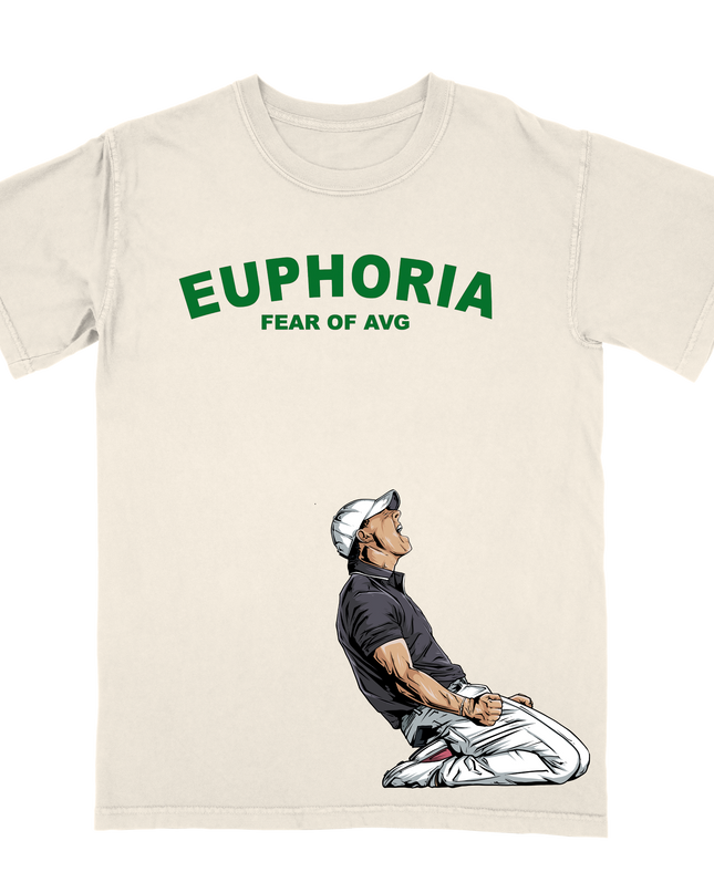 Rory McIlroy  EUPHORIA 'Fear of Avg' sliding celebration action graphic t-shirt by Planet Euphoria in off-white, front view.