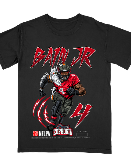 Rueben Bain Jr. V2 Tampa Bay Buccaneers football graphic t-shirt from Planet Euphoria, black shirt, front view