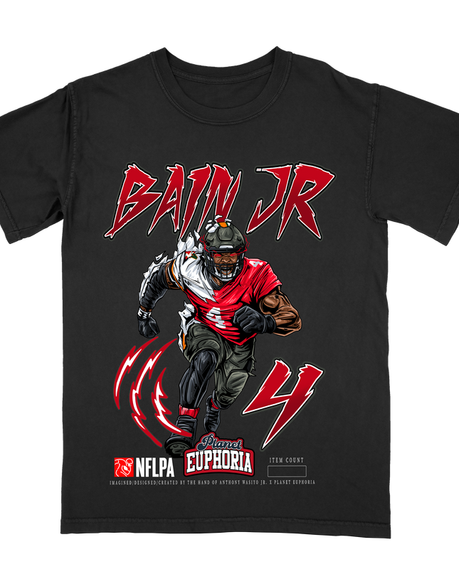 Rueben Bain Jr. V2 Tampa Bay Buccaneers football graphic t-shirt from Planet Euphoria, black shirt, front view