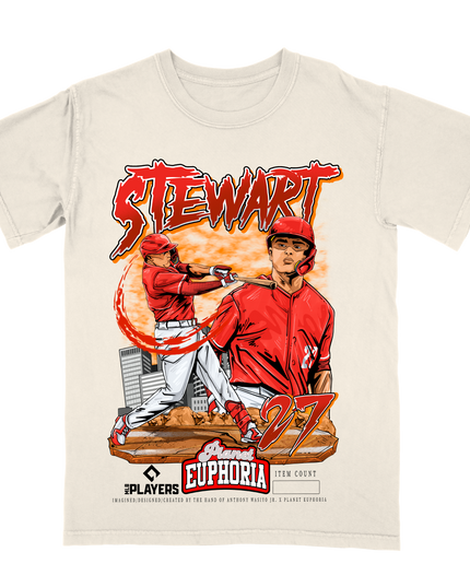 Sal Stewart baseball graphic tee by Planet Euphoria in off-white, front view.