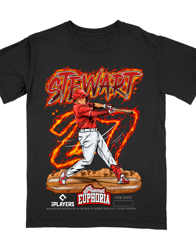 Sal Stewart swinging action graphic tee by Planet Euphoria in black, front view.