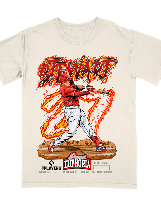 Sal Stewart #27 swinging action graphic tee by Planet Euphoria in off-white, front view.