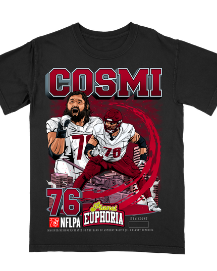 Sam Cosmi Washington Commanders football player graphic tee by Planet Euphoria in black, front view.