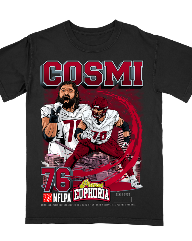 Sam Cosmi Washington Commanders football player graphic tee by Planet Euphoria in black, front view.