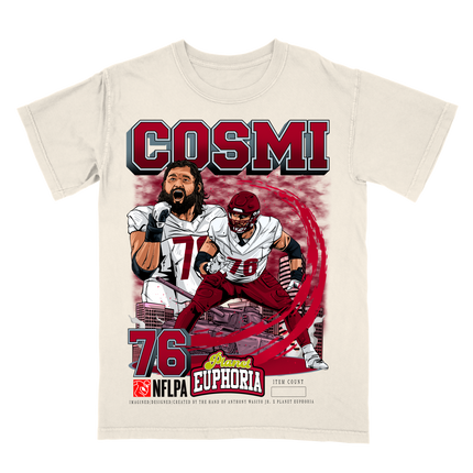 Sam Cosmi Washington Commanders football player graphic tee by Planet Euphoria in off-white, front view.