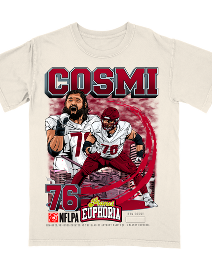 Sam Cosmi Washington Commanders football player graphic tee by Planet Euphoria in off-white, front view.