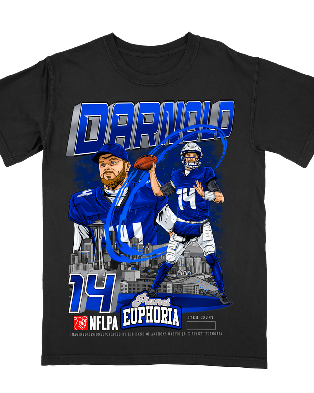 Sam Darnold Seattle NFLPA graphic tee by Planet Euphoria in black, front view.