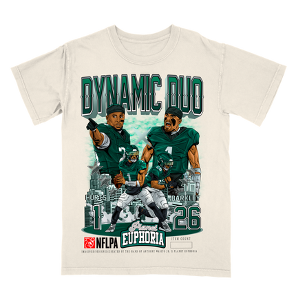  Saquon Barkley and Jalen Hurts Dynamic Duo Philadelphia NFLPA graphic tee by Planet Euphoria in off-white, front view.