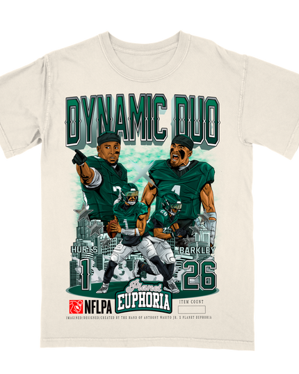  Saquon Barkley and Jalen Hurts Dynamic Duo Philadelphia NFLPA graphic tee by Planet Euphoria in off-white, front view.
