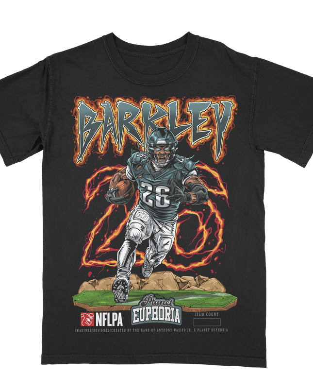 Saquon Barkley Philadelphia NFLPA 'BARKLEY 26' graphic t-shirt (V3) with flamed accent by Planet Euphoria in black, front view.