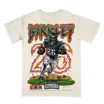 Saquon Barkley Philadelphia NFLPA 'BARKLEY 26' graphic t-shirt (V3) with flamed accent by Planet Euphoria in off-white, front view.