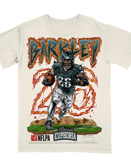 Saquon Barkley Philadelphia NFLPA 'BARKLEY 26' graphic t-shirt (V3) with flamed accent by Planet Euphoria in off-white, front view.
