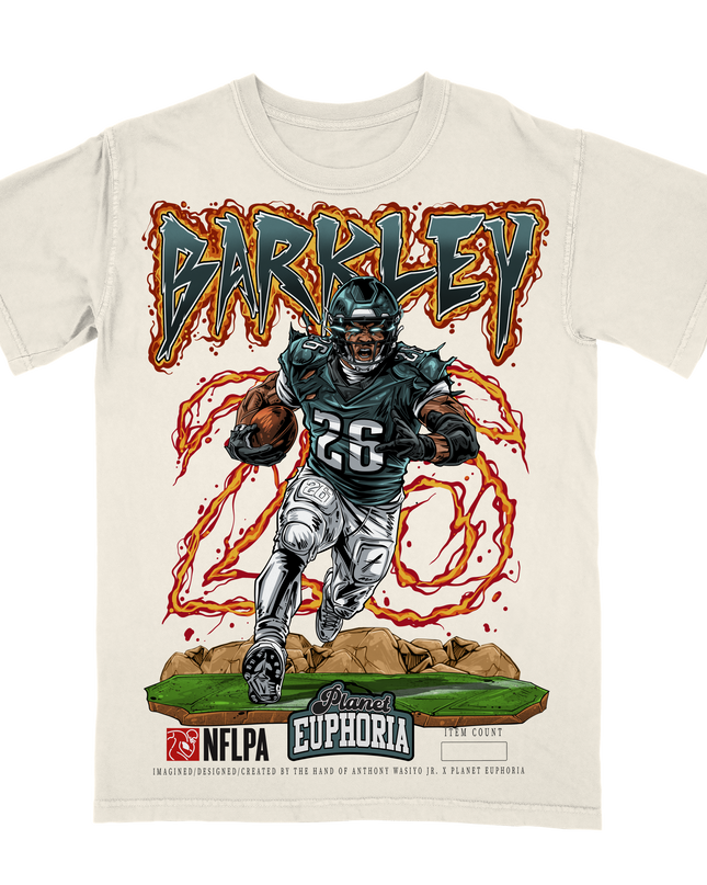 Saquon Barkley Philadelphia NFLPA 'BARKLEY 26' graphic t-shirt (V3) with flamed accent by Planet Euphoria in off-white, front view.