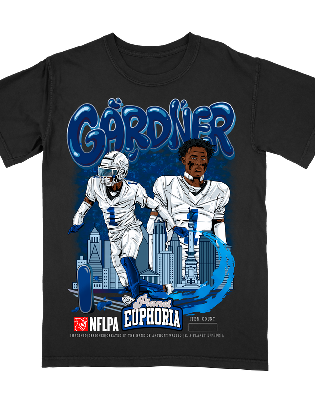 Sauce Gardner Indianapolis NFL Player graphic tee by Planet Euphoria in black, front view.