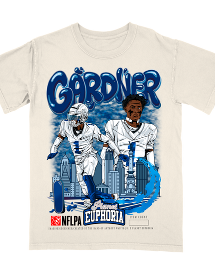 Sauce Gardner Indianapolis NFL Player graphic tee by Planet Euphoria in off-white, front view.
