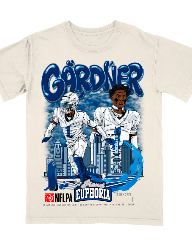 Sauce Gardner Indianapolis NFL Player graphic tee by Planet Euphoria in off-white, front view.