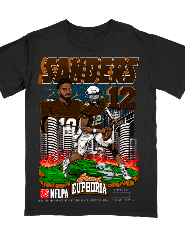 Shedeur Sanders Cleveland NFL player #12 graphic t-shirt by Planet Euphoria in black, front view.