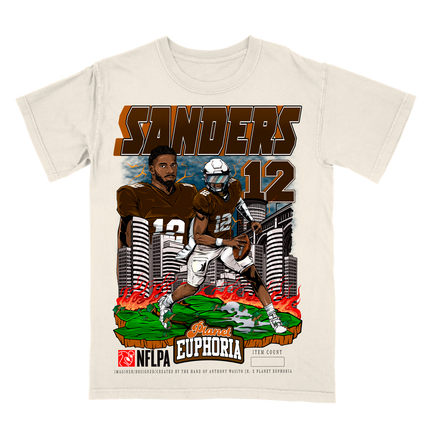 Sheduer Sanders Cleveland skyline NFL player graphic t-shirt, by Planet Euphoria in off-white, front view.