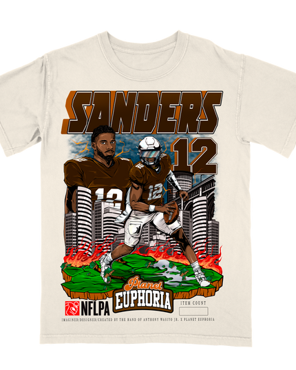 Sheduer Sanders Cleveland skyline NFL player graphic t-shirt, by Planet Euphoria in off-white, front view.