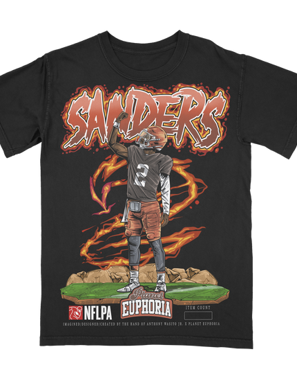 Shedeur Sanders Cleveland QB NFLPA graphic tee by Planet Euphoria in black, front view.