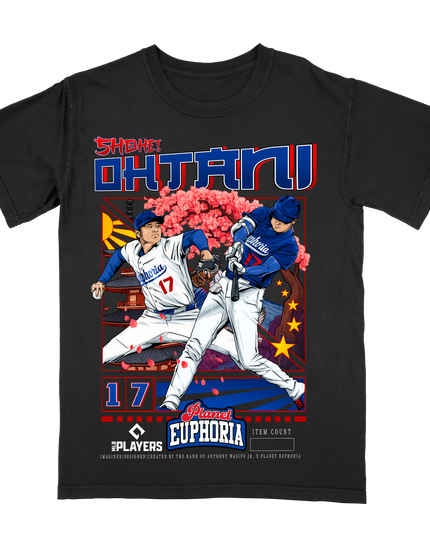 Shohei Ohtani Shotime Dodgers MLB Player graphic tee by Planet Euphoria in black, front view.