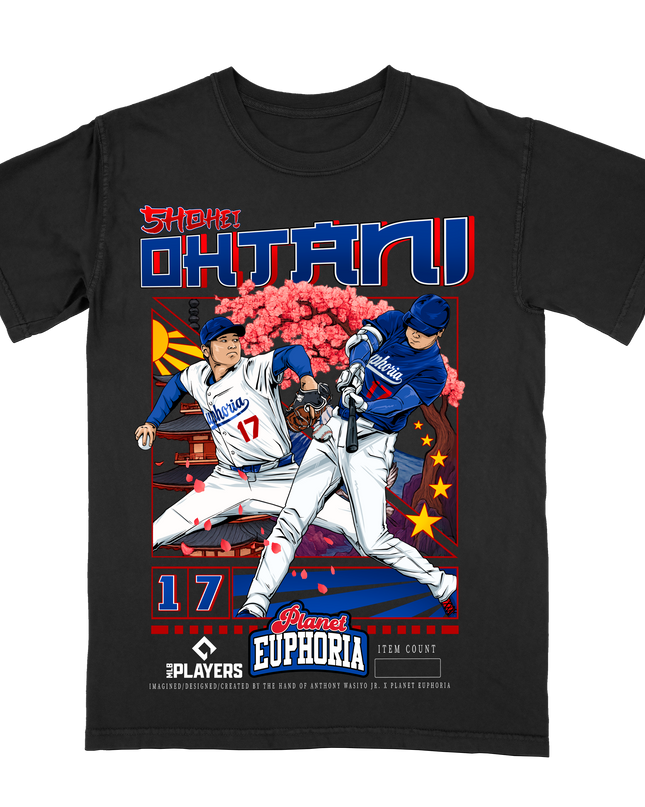 Shohei Ohtani Shotime Dodgers MLB Player graphic tee by Planet Euphoria in black, front view.