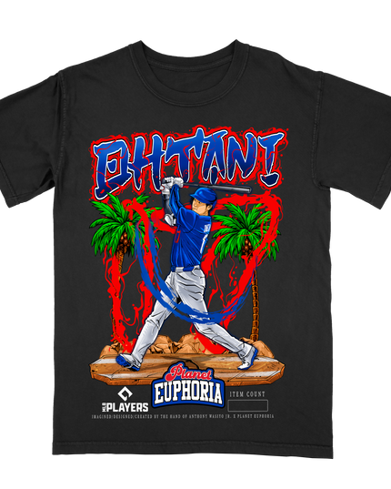 Shohei Ohtani Dodgers MLB player graphic tee V5 by Planet Euphoria in black, front view.