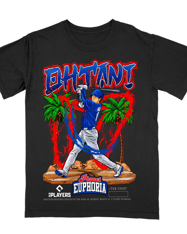Shohei Ohtani Dodgers MLB player graphic tee V5 by Planet Euphoria in black, front view.
