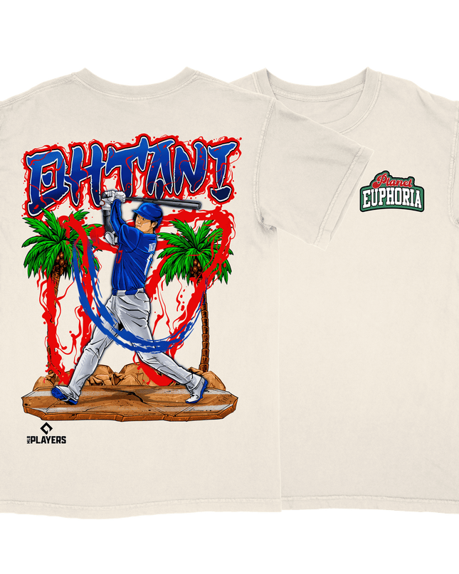 Shohei Ohtani Los Angeles MLB Player graphic tee V5 by Planet Euphoria in off-white, front and back view.
