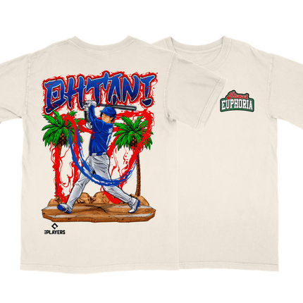 Shohei Ohtani Los Angeles MLB Player graphic tee by Planet Euphoria in off-white, front and back view.
