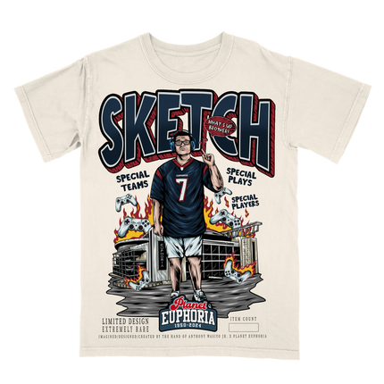 Youth Sketch graphic t-shirt by Planet Euphoria in off-white, front view.