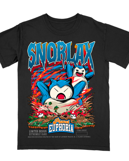 SNORLAX graphic black t-shirt by Planet Euphoria featuring a central character illustration depicting a dynamic pose with colorful accents.