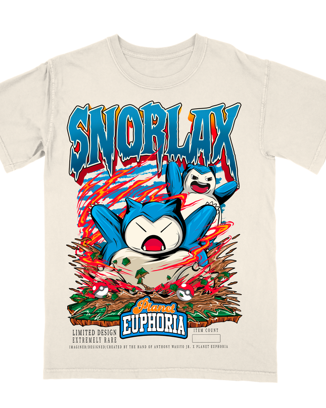 SNORLAX graphic off-white t-shirt by Planet Euphoria featuring a central character illustration depicting a dynamic pose with colorful accents.