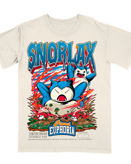 SNORLAX youth sized graphic off-white t-shirt by Planet Euphoria featuring a central character illustration depicting a dynamic pose with colorful accents.