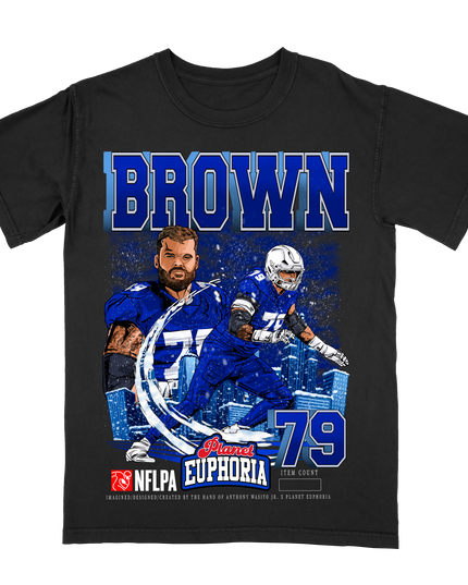 Spencer Brown Buffalo NFLAPA graphic tee by Planet Euphoria in black, front view.