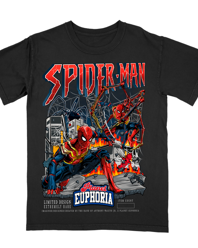 Spider-Man black graphic t-shirt with a dynamic action pose, made by Planet Euphoria, displayed in front view.